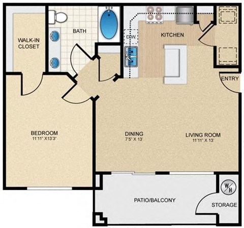 One Bedroom & One Bathroom with Walk-In-Closet. Open Floor Plan with Living Room and Dining Area, Kitchen Island, Private Patio with Storage. at Mission Hills Apartments, San Antonio, 78258